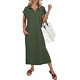 ANRABESS Womens Summer Casual Midi Dresses Short Sleeve Polo V Neck Loose Split Wrinkle-Free Beach Vacation Tshirt Maxi Dress