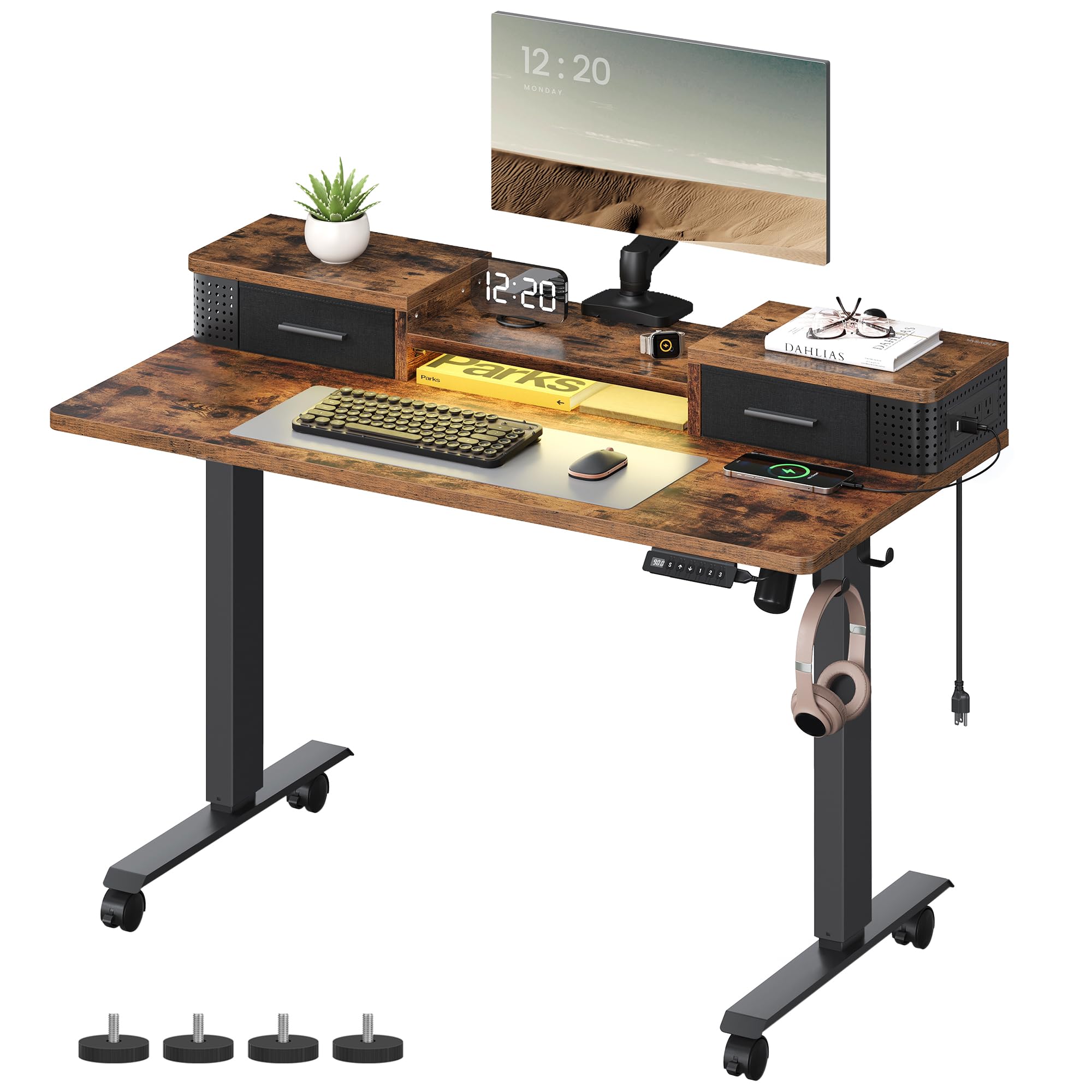 VASAGLE Electric Standing Desk with Drawers, 47.2 x 23.6 Inches, Sit Stand Desk with Power Outlet and LED Lights, Adjustable Height, Storage Shelf, 3 Memory Buttons, for Home Office, Rustic Brown