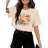 Binshre Womens Short Sleeve Crops Tops Summer Graphic Tees Crew Neck Cropped T Shirts Casual Loose Fit Blouse