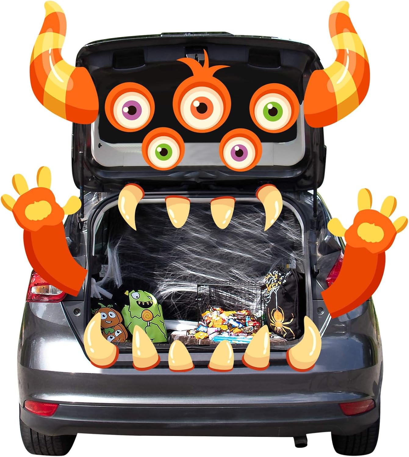 Garage Door Decorations - FEBSNOW Halloween Witch Trunk or Treat Car Decorations Kit Large Garage Door Decoration with Big Cute Monster Face Eyes Huge Teeth Arms Decorations for Archway Door Window Cars SUV Jeep Cart