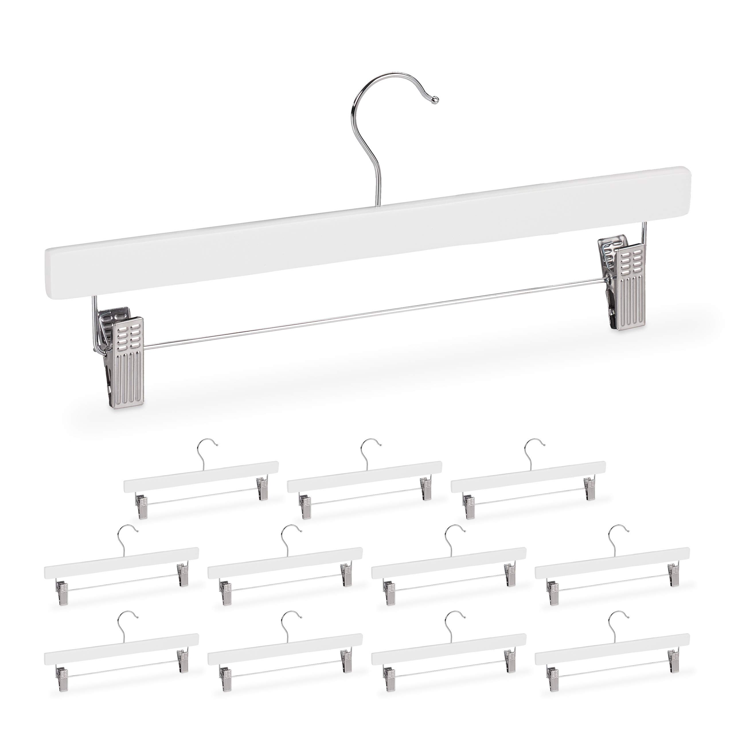 Relaxdays Wooden Pants Hangers Set of 12, Adjustable Coated Clamps, 360° Swivel Hooks, 35.5 cm Wide, White