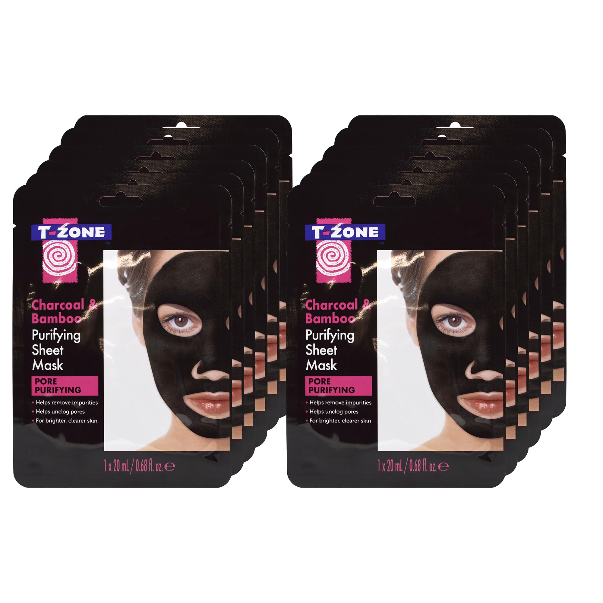 T-Zone Multipack of 20 Charcoal & Bamboo Pore Purifying Sheet Face Mask, No Rinse, Helps To Remove Impurities, Unclog Pores, For Brighter, Clearer Skin