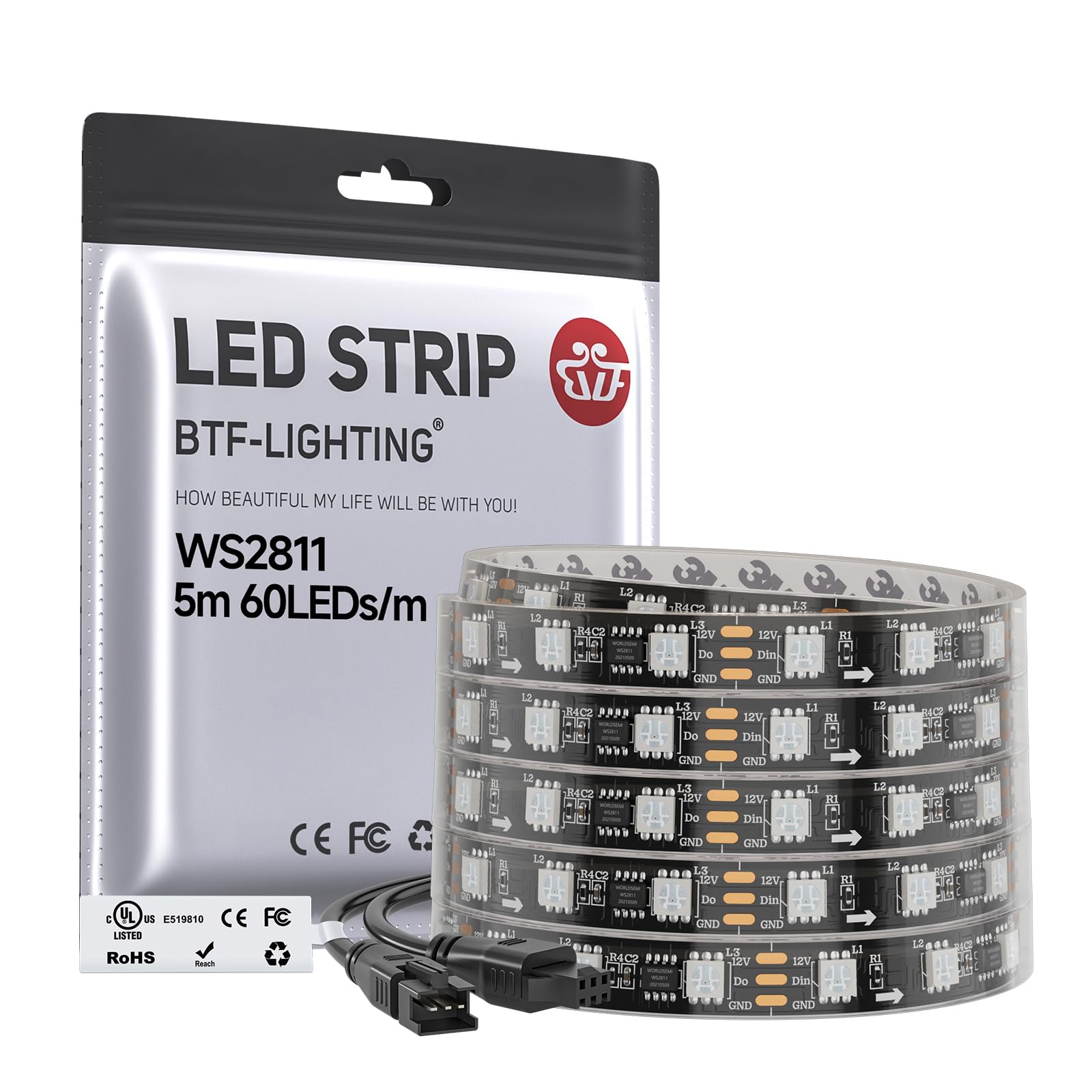 BTF-LIGHTING WS2811 IC=RGB IC Addressable Dream Color LED Strip 16.4FT 60LEDs/m 20Pixels/m 300LEDs 100pixels IP67 Waterproof Black PCB Flexible DC12V Chasing Effect for Bedroom Desk Home Decoration