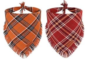 PTDECOR Fall Dog Bandanas with Tassels Edges, Orange and Brown Plaid Scarf Bib, Halloween Thanksgiving Autumn Pet Bandana, Reversible Triangle Bandanas for Medium Large Dogs Pets (Large)