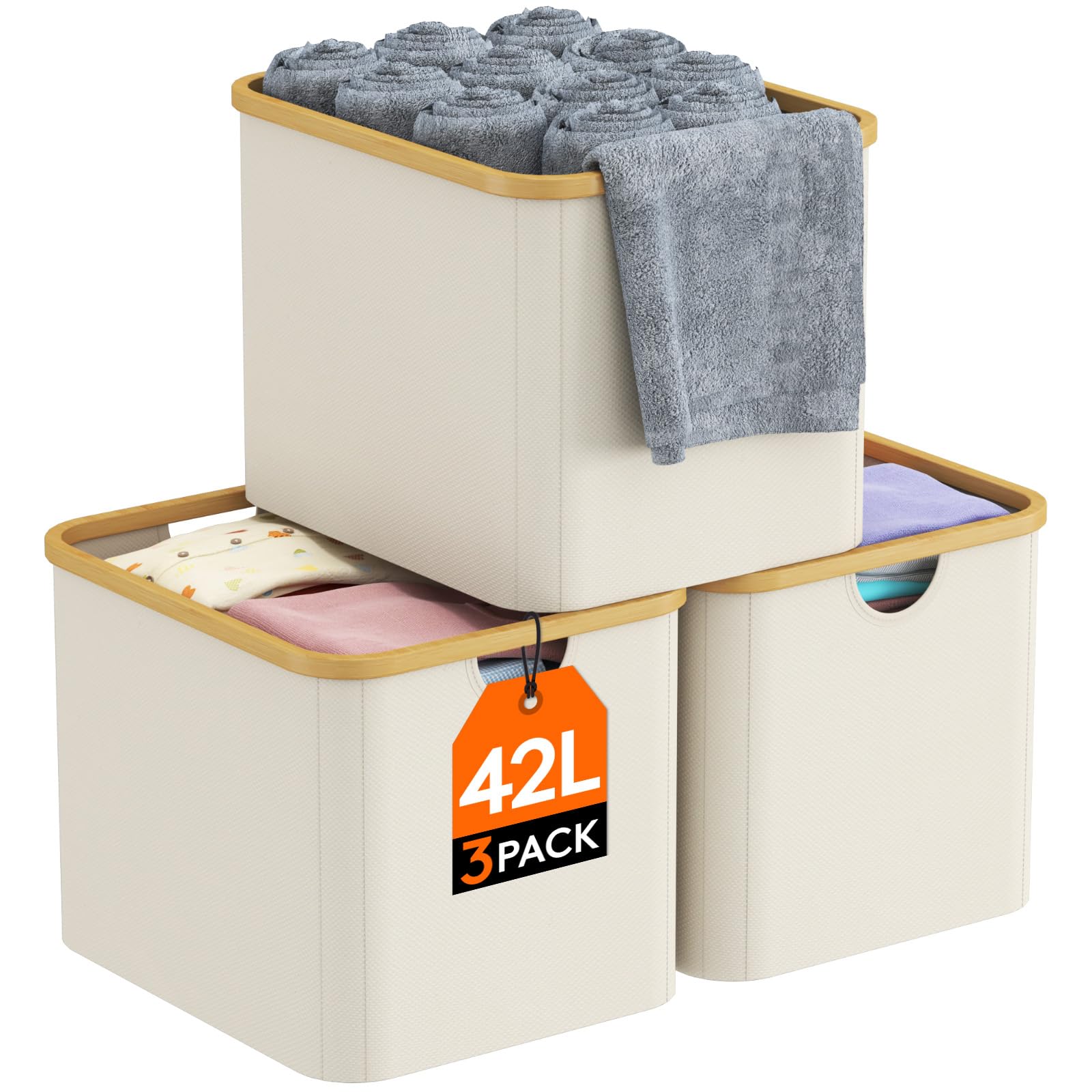 Photo 1 of Lifewit 42L Collapsible Storage Bin with Bamboo Handles, Foldable Storage Basket for Organizer, Storage Cubes for Closet and Shelves, Dorm, Laundry Room, Bedroom, White, 3 Pack