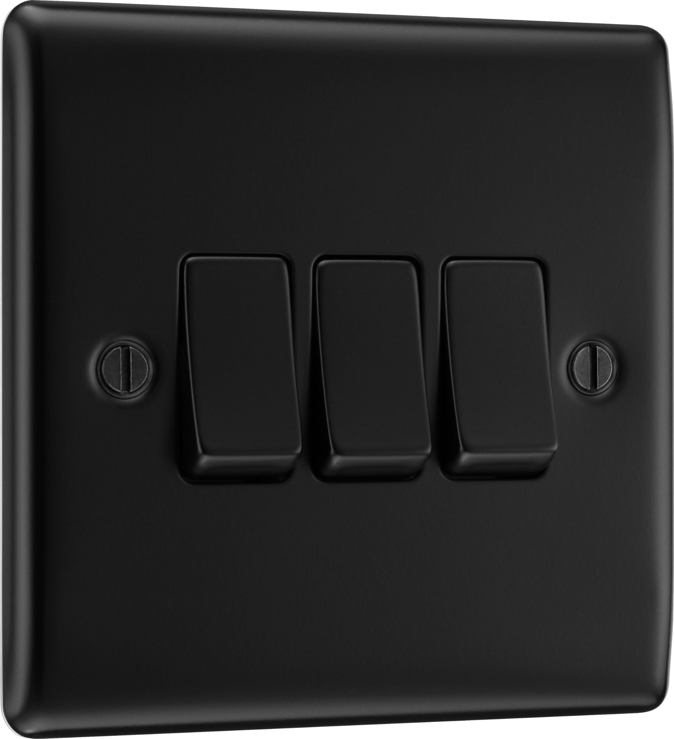 BG Electrical Triple Wall Light Switch, 2 Way, Raised and Slim Profile, Round Edges, Nexus Metal, Matt Black, 20A, 16AX, NFB43
