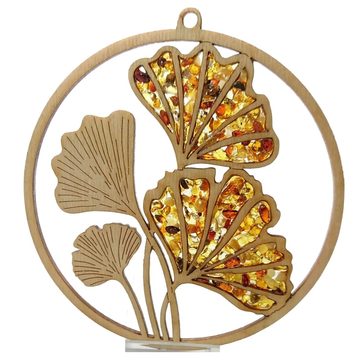 Ginkgo Window Decoration Suncatcher Amber in Birch Wood Diameter 11 cm Includes Gift Box