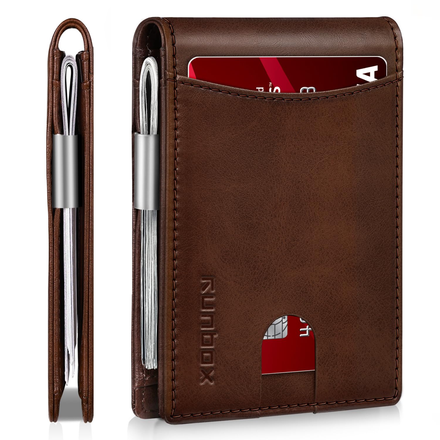RUNBOX Slim Money Clip Wallets for Men RFID Blocking 11 Card Holder Minimalist Small Leather Bifold Novelty Men's Wallet Front Pocket Gift Box Image
