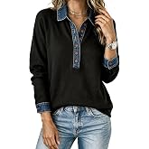 Womens Sweatshirts Denim Patchwork Long Sleeve Shirts Pullover Fall Outfits | Sweatshirt Jeans, Quarter Buttons Pullover, Black Tops, Denim Collar, Waffle Knit, Henley Sweatshirts for Women, Fall Clothes