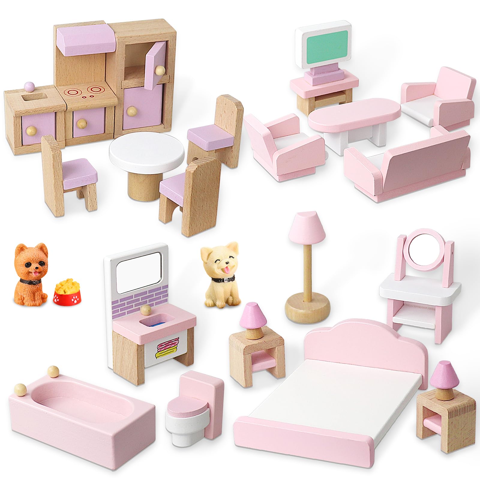24Pcs Wooden Dollhouse Furniture Set,5 Room Kit Pretend Play Doll House Furniture,Dolls House Accessories with Kitchen,Dining Room,Living Room,Bedroom,Bathroom for Girls Playhouse Toy