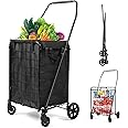 Realife Foldable Shopping Cart with Liner, Portable Utility Cart with Wheels for Grocery and Heavy Duty, 120lbs, Black