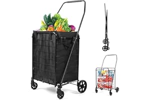 Realife Foldable Shopping Cart with Liner, Portable Utility Cart with Wheels for Grocery and Heavy Duty, 120lbs, Black