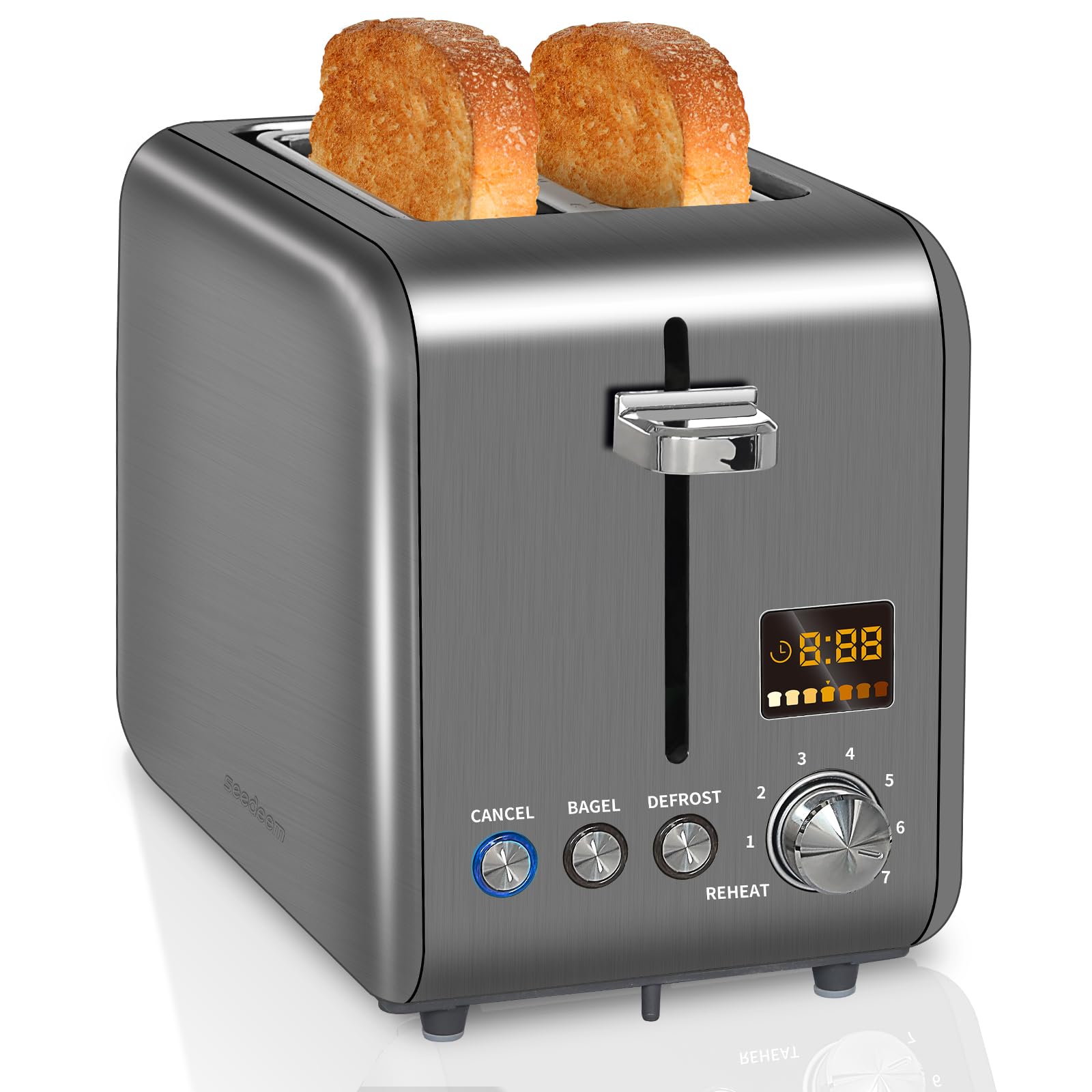 Photo 1 of SEEDEEM Toaster 2 Slice, Stainless Steel Bread Toaster LCD Display, 7 Shade Setting, 1.4'' Wide Slots, Bagel/Defrost/Reheat Functions, Removable Crumb Tray, 900W, Dark Metallic