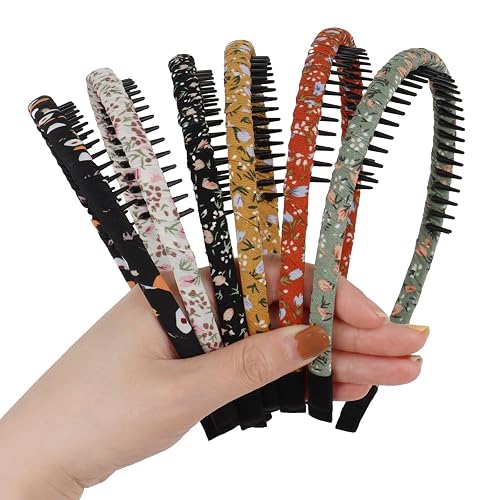 KEUKORZ Floral Headband with Comb for Women, 6Pcs Fashion Flower Tooth Hairband Non-slip Hair-Hoops for Styling Dressing, Colorful Accessories for Outgoing Holidays