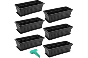 SINJEUN 6 Pack 17 Inch Rectangle Flower Window Box, Plastic Rectangular Vegetable Planters with Trays and Plant Labels, Rectangular Windowsill Planter for Porch, Balcony, Home Decor, Black