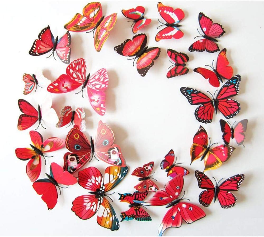 Cestlafit 3D Fashion Butterfly Wall Sticker, PVC Simulation Butterfly For Home Decor, Wall Decoration, 24 Pack, Red