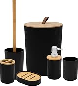 Anika 6 Piece Bathroom Accessory Set Black with Wood Accents view 1