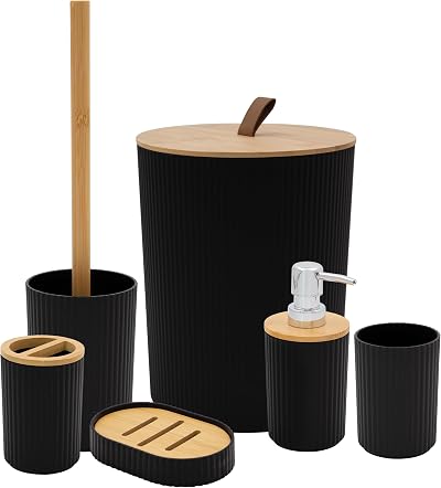 Anika 6 Piece Bathroom Accessory Set Black with Wood Accents