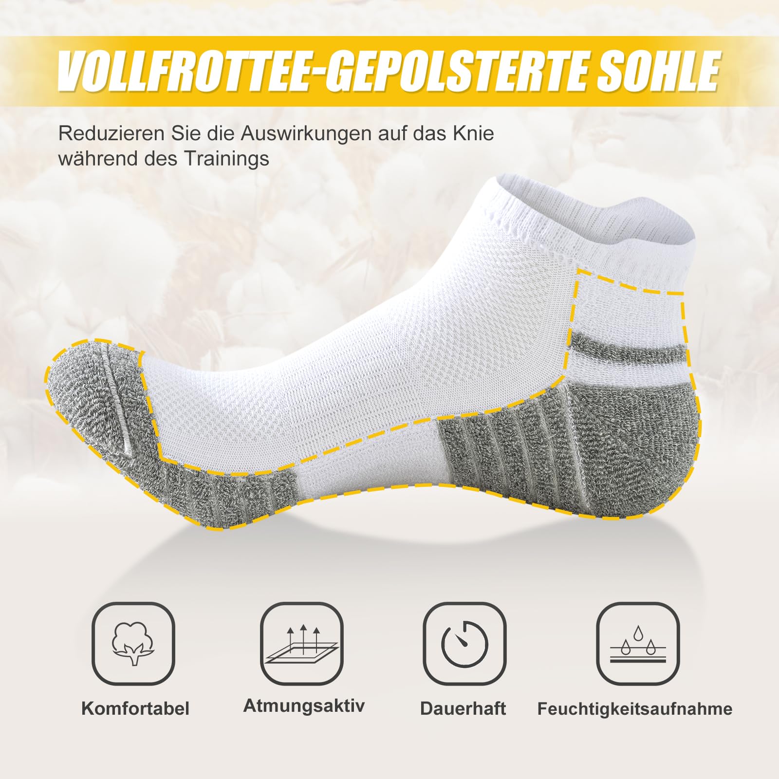 SockWaddles Baumwoll Sneaker Socken Damen Herren, 6 Paar, Gepolstert 5