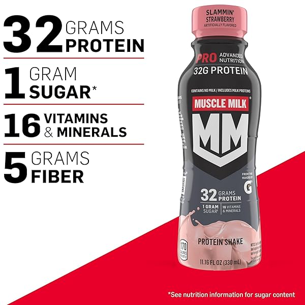 MUSCLE MILK PRO ADVANCED NUTRITION PROTEIN SHAKE, SLAMMIN’ STRAWBERRY, 11.16 FL OZ (PACK OF 12), 32G PROTEIN, 1G SUGAR, 16 VITAMINS & MINERALS, 5G FIBER, BOTTLED LIQUID, GLUTEN FREE