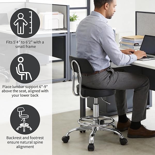 FIRAVOE OFFICE CHAIR WITH BACK (ADJUSTABLE HEIGHT POSTURE STOOL 19.5″-26.6″)(DRAFTING CHAIR ON WHEELS) WORK STOOL WITH FOOTREST (BLACK)