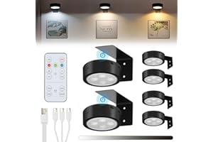 Glighone 6Pcs Rechargeable Battery Picture Light,Wall Lights for Pictures with Remote Dimmable and Timer,3 Lighting Modes Magnetic Art Display Light for Paintings Battery Operated-Black