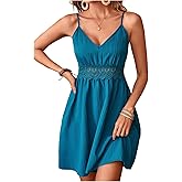 SweatyRocks Women's V Neck Lace Spaghetti Strap Casual Dresses Beach Summer Backless A Line Cami Dress