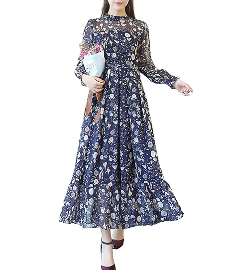Amazon レディース ワンピース マキシワンピ シフォン 長袖 夏 紺色 Amazon レディース ワンピース マキシワンピ シフォン 長袖 夏 紺色