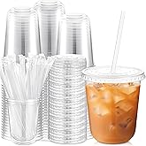 Ziliny 100 Sets Clear Plastic Cups with Lids and Straws, Disposable Iced Coffee Cups for Drinking, Cold Drinks, Juice, Smoothie, Pet Cup for Coffee Shops, Party, Christmas(14 oz)