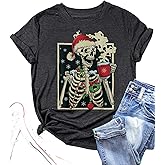 Dead Inside Skeleton Christmas Shirt Women Novelty Skull Coffee Graphic Tee Tops Coffee Lover Xmas Gift Tshirt