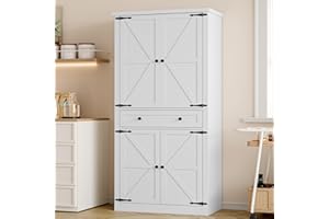BORNOON Pantry Organizers and Storage Cabinet, 70” Barn Door White Kitchen Cabinet with Drawers and Adjustable Shelf, Tall Pantry for Kitchen, Dining Room, Living Room Bedroom