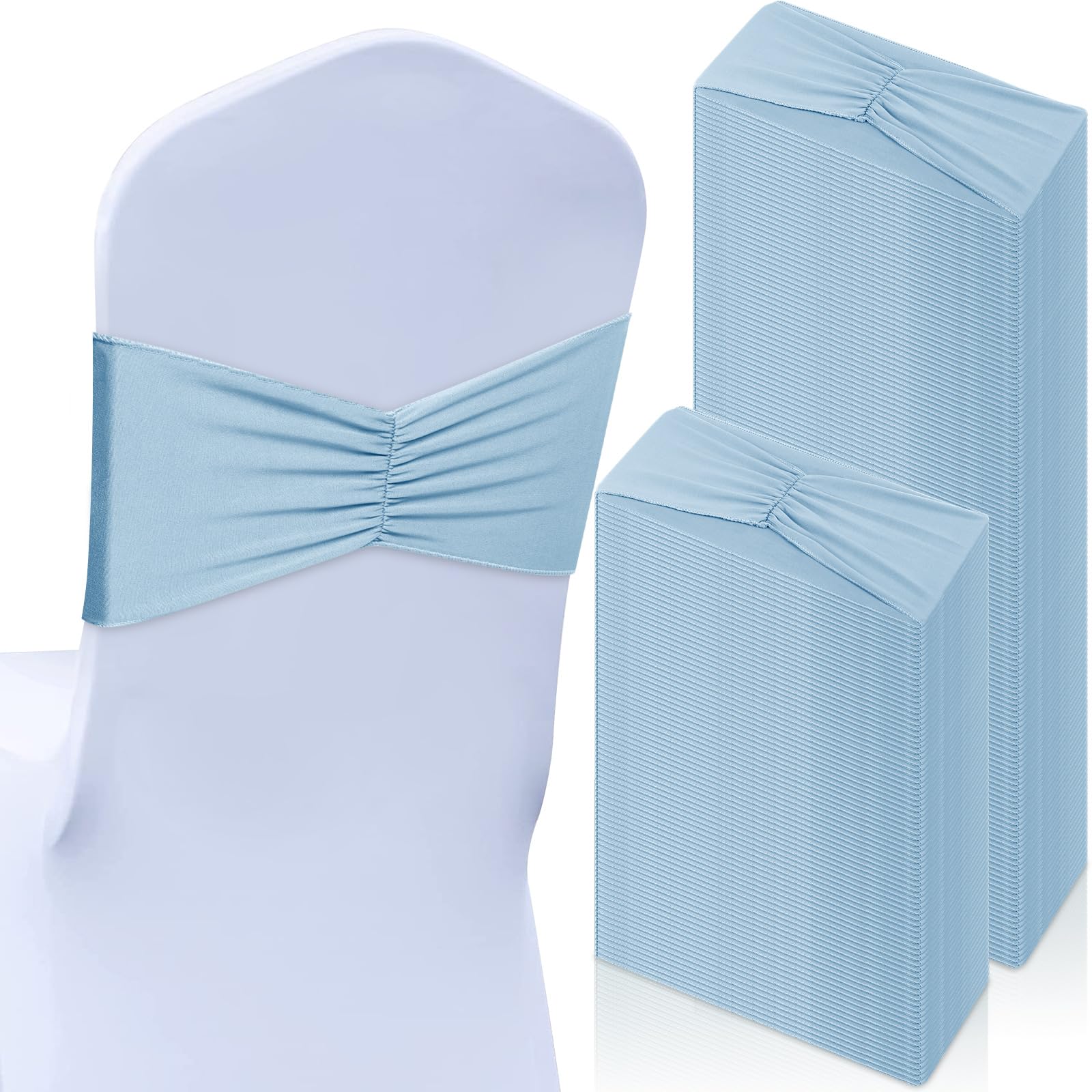 Photo 1 of Moukeren 100 Pcs Spandex Chair Sashes Bows Bands Slider Sashes for Chair Covers Elastic Bands Ties Ribbon Decorations for Wedding Party Events Ceremony Birthday Banquet(Sky Blue)