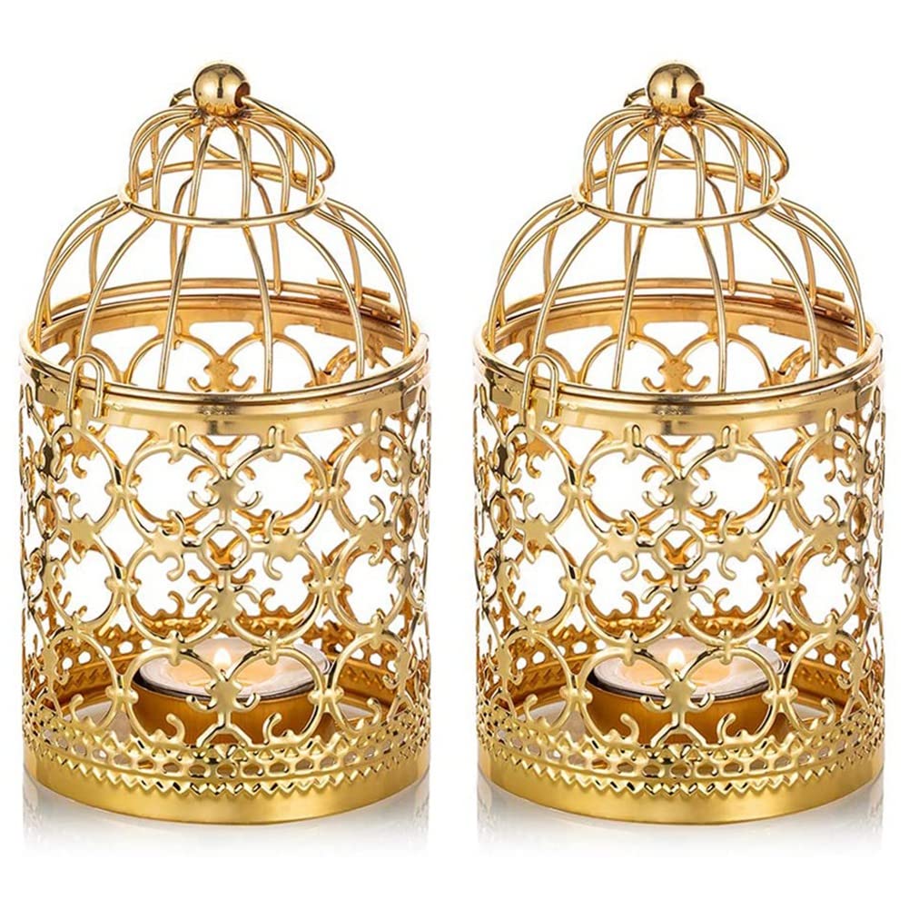 Rvvwhfn 2Pcs Small Metal Tea Lights, Hanging Bird Cage Lanterns, Candle Gold Lanterns, Vintage Wedding and Decorations