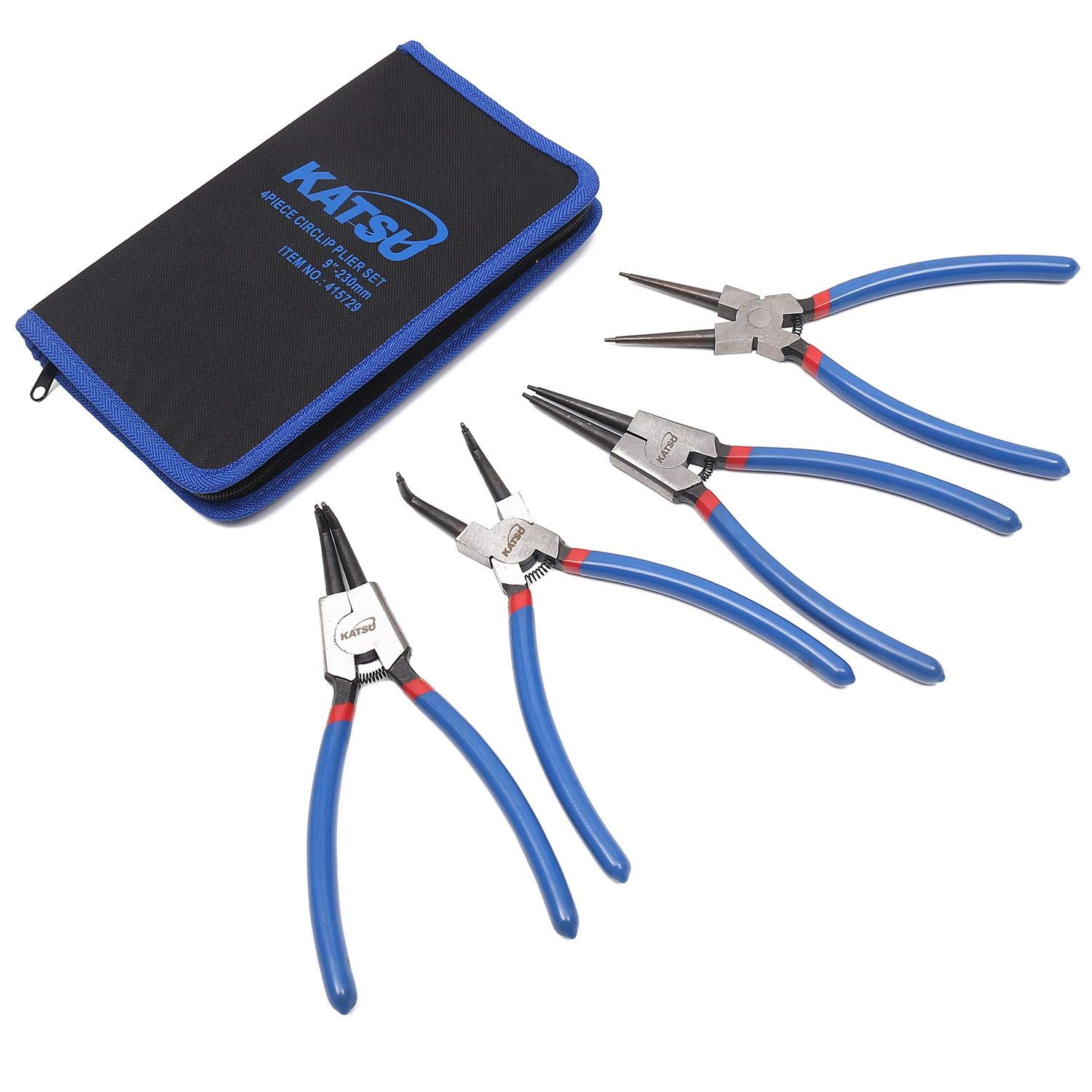 KATSU Circlip Pliers Set, 4-Piece 9 Inch Internal External Straight Bent Tip Circlip Snap Ring Pliers with Non-Slip Handle in Zip Case for Circlips Assembly 415729
