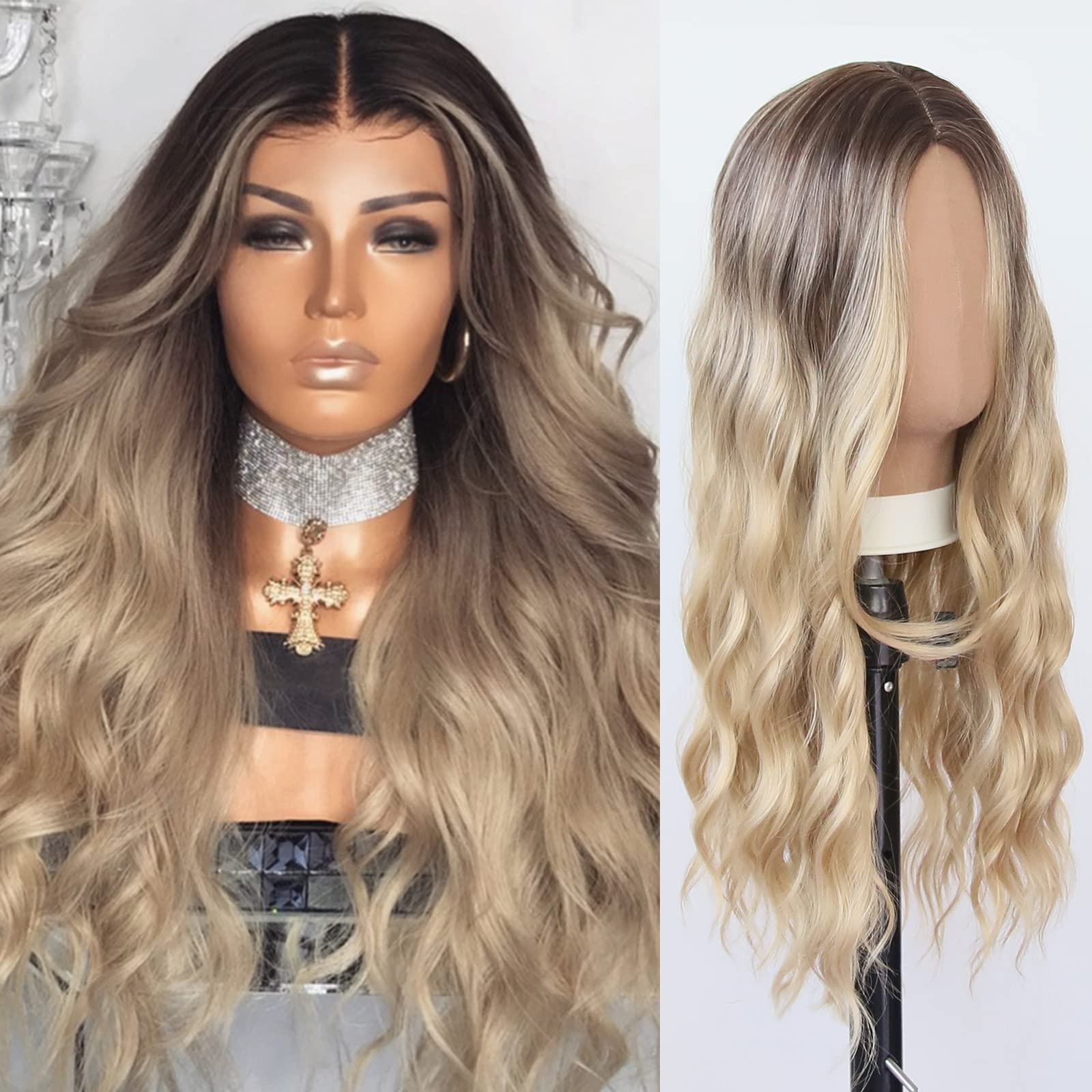 Towarm Long Wavy Blonde Wig Middle Part Synthetic Wigs with Dark Root for Women Natural Beach Wave Curly Glueless High Temperature Fiber Cosplay Daily Wear Wig (YKL 335)