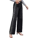 Muundim Rhinestone Drawstring Jeans for Women, Wide Leg High Waisted Baggy Jeans Denim Pants
