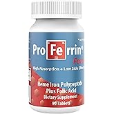 Proferrin Forte-12mg of high Absorbing Heme Iron Polypeptide. Easy on The Gut. 90 Tablets. 1mg of Folic Acid to aid in red Blood Cell Production. Not affected by Coffee, Calcium, or PPI's.