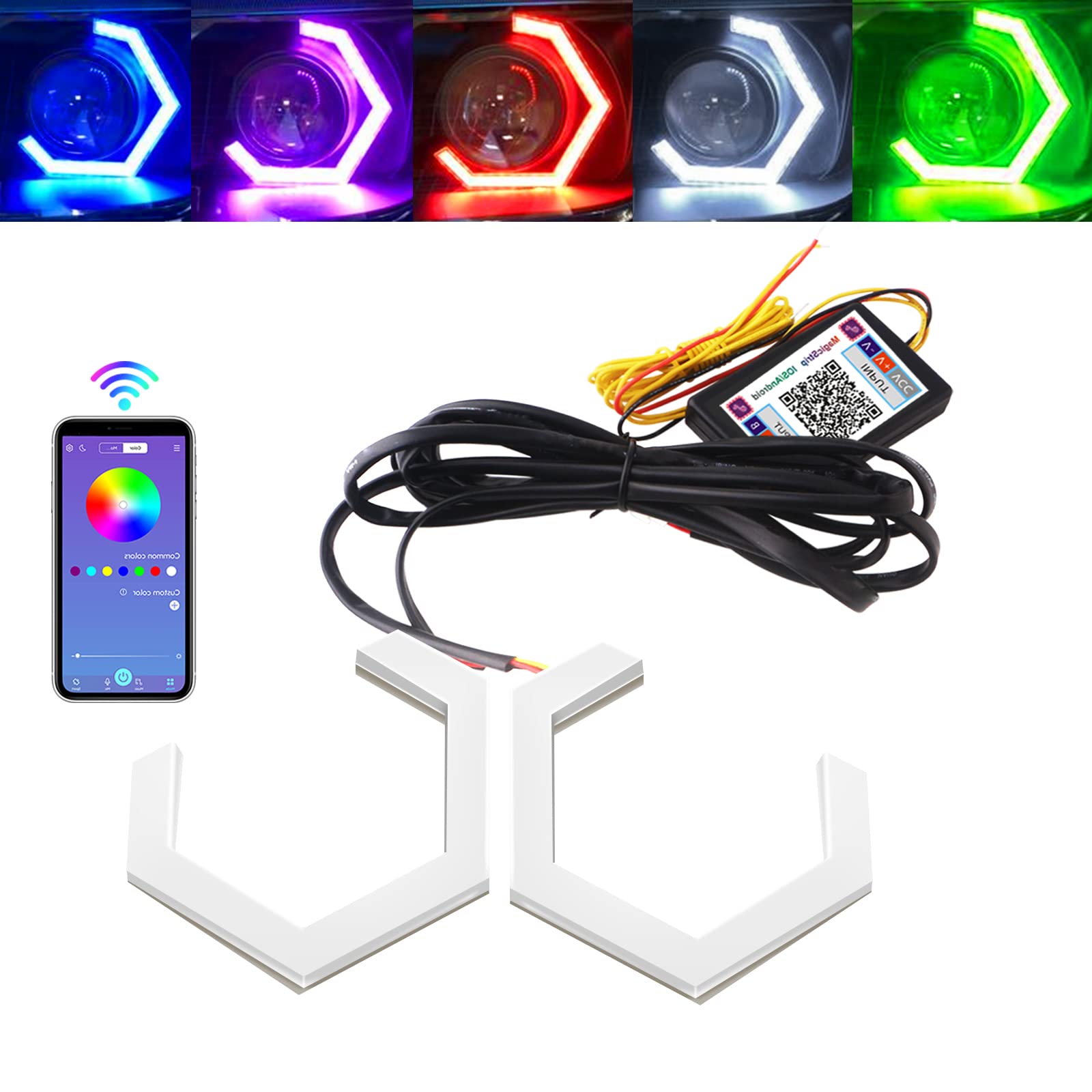 Photo 1 of Qasim Hexagon Angel Eyes RGB APP Control Retrofit Car Motorcycle Light Accessories Driving Day Signal Light Decoration White DRL Streamer Amber Turn Signal Light 12V 24V 90MM, 2 Pack