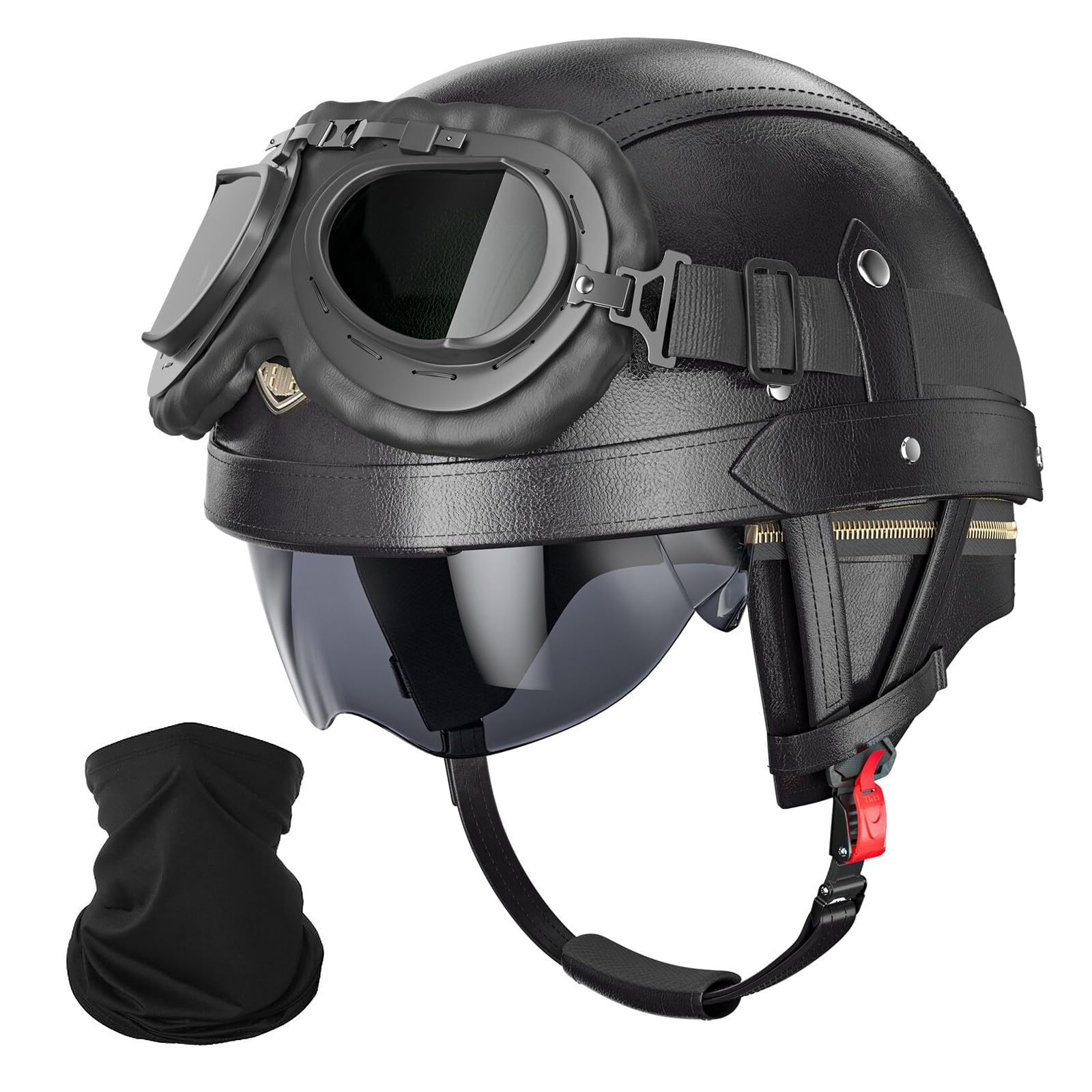Photo 1 of German Style Motorcycle Helmet - DOT Approved Vintage Leather Novelty Half Helmets for Motorcycle with Goggles/Visor, Removable Lining/Earmuffs, for Cruiser Scooter Chopper Moped, for Adults Men Women