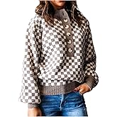 SOLY HUX Women's Checkered Sweater Plaid Half Button Mock Neck Long Sleeve Knit Pullover Henley Jumper Tops