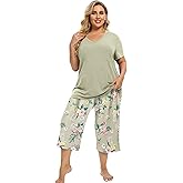 Vozanet Women's V Neck Sexy Pajamas Capri Sets Mexican Style Floral Sleepwear 2PCS Totem Casual Nighty Plus Size M to 5XL