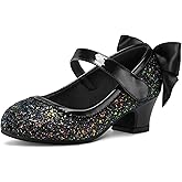 K KomForme Girls Dress Shoes Glitter Mary Jane Pumps with Bow, Low Heel Party Wedding Princess Shoes (Toddler/Little Kids/Big Kids)