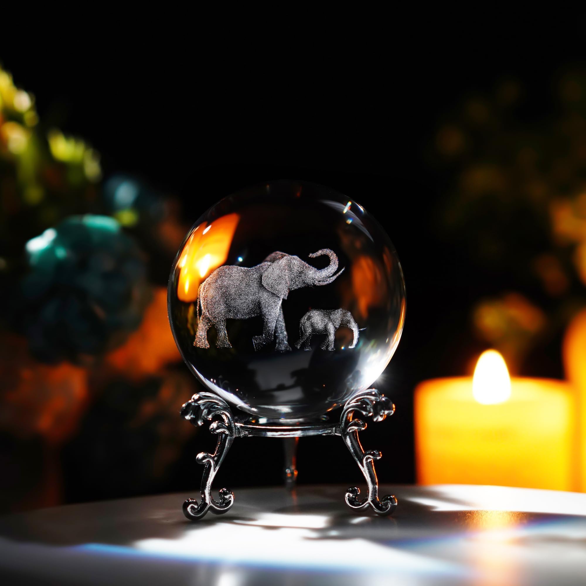 ZEERSHEE 60mm 3D Glass Ball Laser Engraved Mother Son Elephant Crystal Ball with Stand Decorative Ball Elephant Gifts for Women