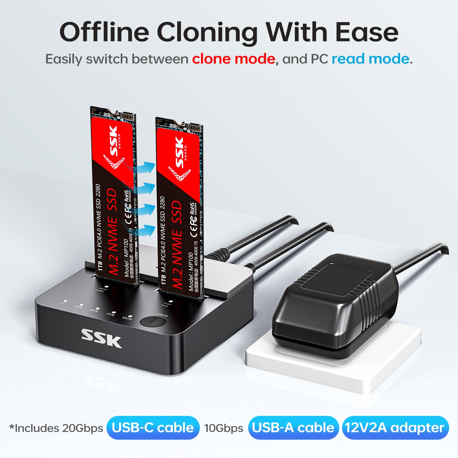 SSK NVMe SSD Cloner, M.2 Duplicator Dual Bay NVMe Enclosure, Tool-Free 20Gbps USB3.2 Gen 2X2 SSD to USB Adapter M.2 Docking Station for M Key PCIE NVMeSSD Reader Supports Offline Clone