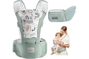 Bebamour Baby Carrier Newborn to Toddler-2 in 1 Hip Seat & Carrier Front and Back Carry with Head Hood & 3 Pieces Teething Pads& Waist Extenders & Storage Bag 0-36 Months (Green)