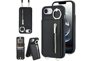 Jcxtrombulous Crossbody Wallet Case for iPhone 16E with Lanyard Strap Card Slot Holder RFID Blocking 360° Ring Kickstand,Magnetic Flip Folio Zipper Purse Case, PU Leather Cover Handbag,Black
