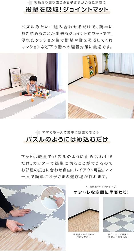 Amazon Rizkiz 抗菌ジョイントマット 30cm 30cm 1 4cm 36枚セット ホワイト グレー サイドパーツ18枚 コーナーパーツ8枚付 防音 衝撃吸収 断熱効果 傷防止 ベビー マタニティ ベビー マタニティ 通販