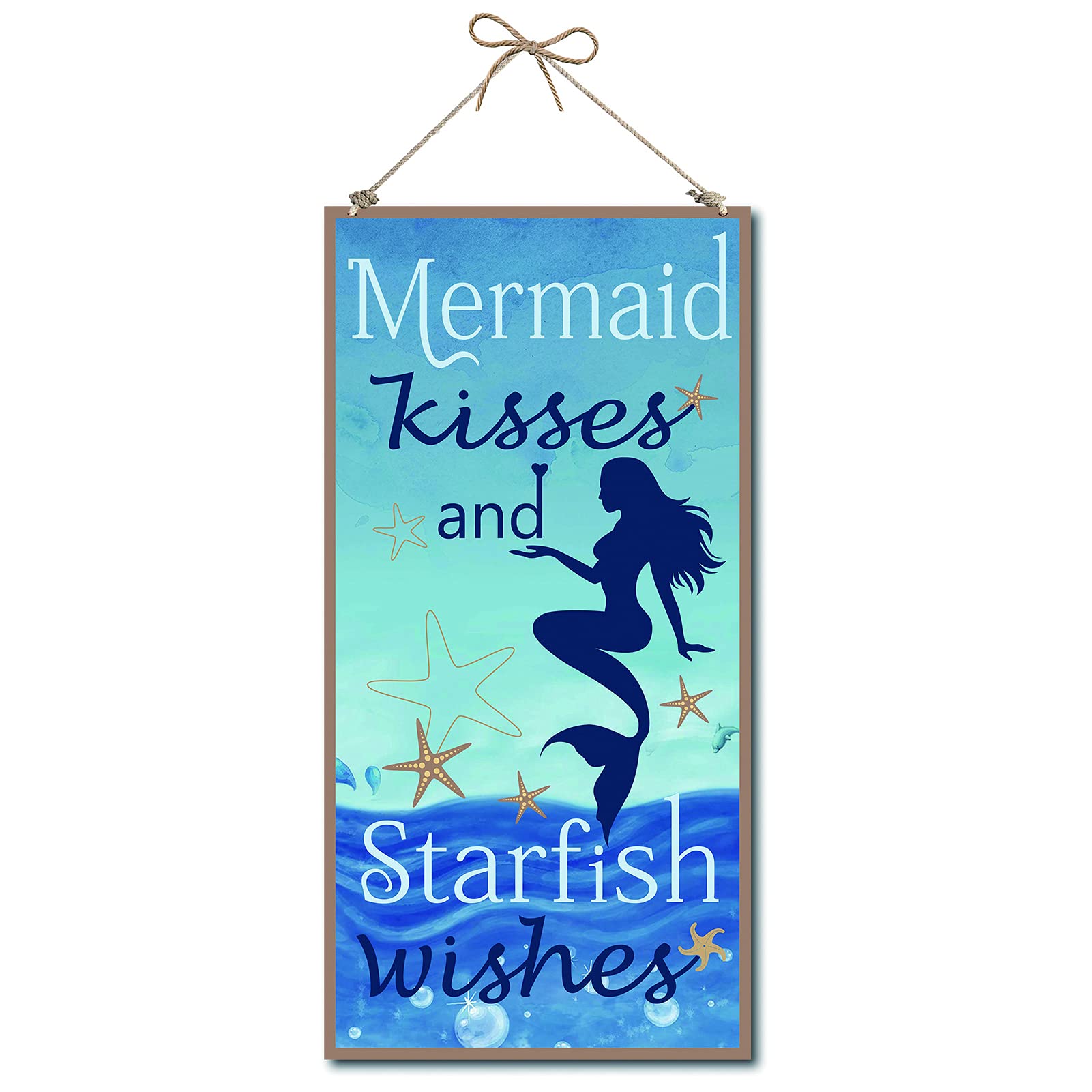 CREATCABIN Mermaid Kisses And Starfish Wishes Decorative Wood Sign Home Decor Wood Sign Plaque Hanging Wall Art Wood Board Door Sign for Yard Office Home Kitchen Front Door Patio Decoration 6 x 12inch