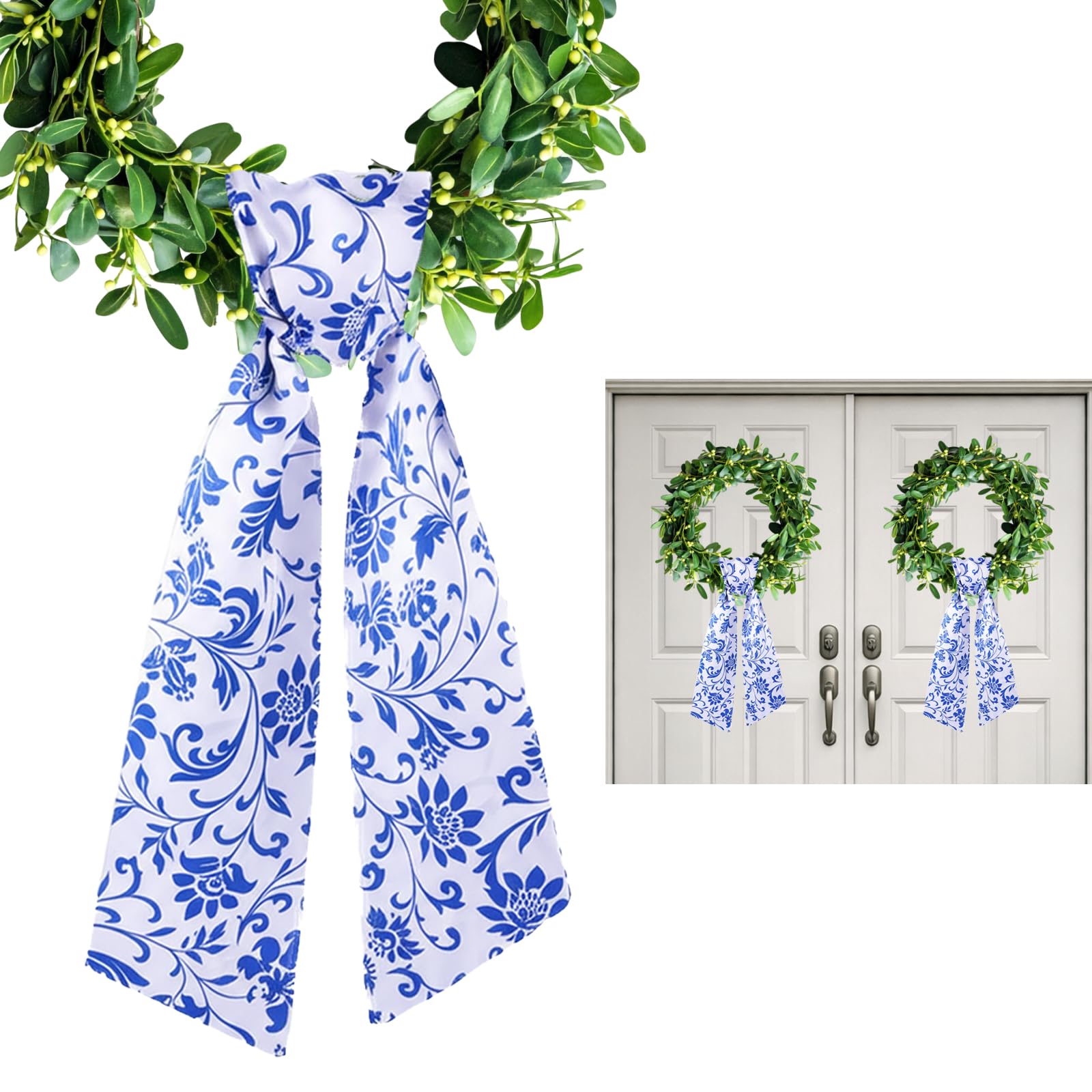 View 1 of 2 Pack Chinoiserie Wreash Sash for Front Door, Satin Sash for Wreath for Embroidery Monogram Spring Garland Ribbon Holiday Party Wedding Doorway, Blue Floral