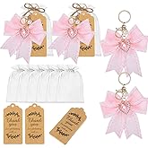 Ecation 20 Set Pearl Bow Keychain Party Favor Bulk Steel Keyring Charm Accessories Souvenir Present Kraft Tag Organza Bag for Guest Baptism Bridal Shower Valentine Coquette Wedding Gift(Pink)
